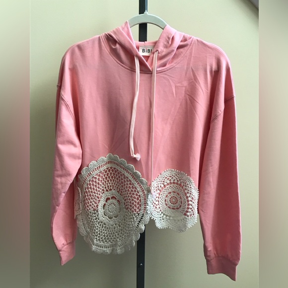 BiBi Pink Hoodie with Cream Crochet Detail - Picture 1 of 2